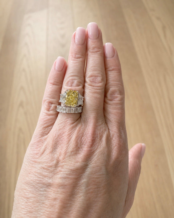 7.28 CTW Fancy Vivid Yellow Radiant Diamond 3 Stone Ring