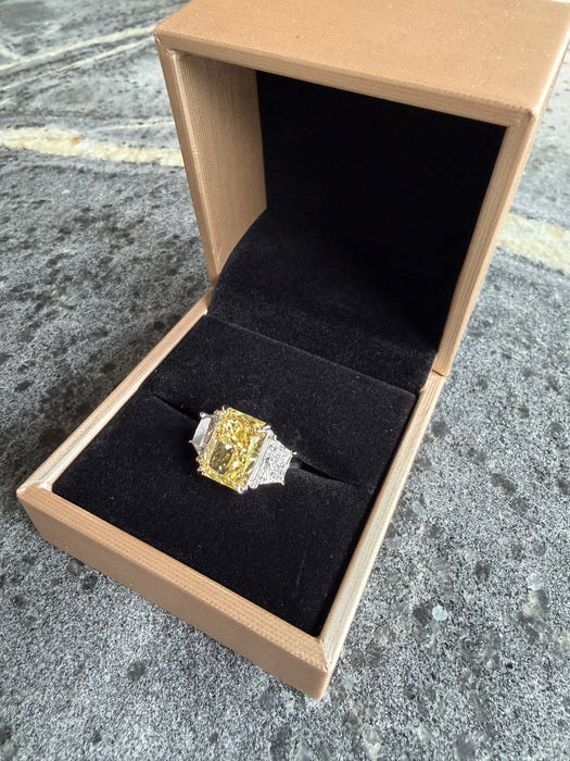 7.28 CTW Fancy Vivid Yellow Radiant Diamond 3 Stone Ring